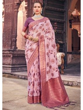 Light Mauve Pink Woven Work Banarasi Saree