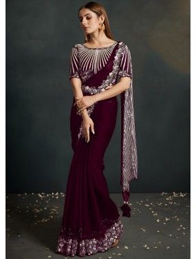 Maroon Readymade Embroidered Saree & Blouse