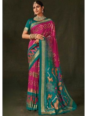 Magenta Printed Art Silk Saree & Blouse