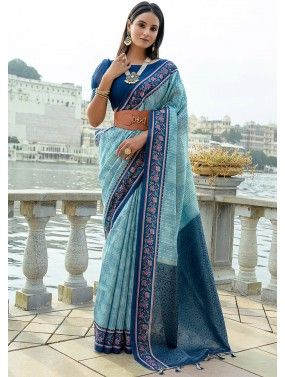 Blue Woven Saree In Art Silk