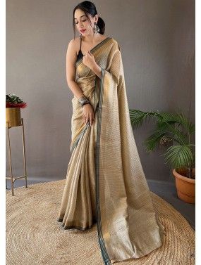 Beige Woven Saree In Silk