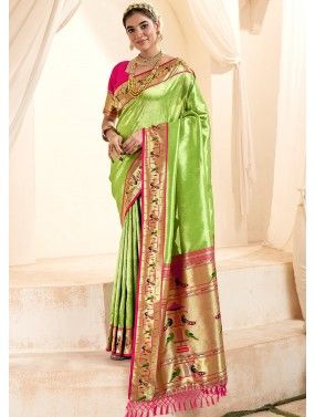 Bright Green Zari Woven Saree In Tissue Silk