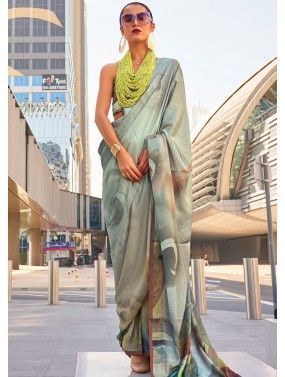 Grey Digital Printed Saree In Satin Silk