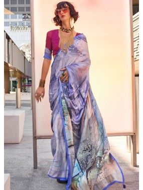 Purple Digital Printed Saree  In Satin silk