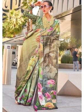 Multicolor Printed Satin Silk Saree & Blouse