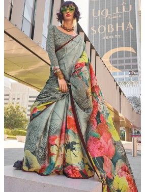 Multicolor Digital Printed Saree In Satin Silk