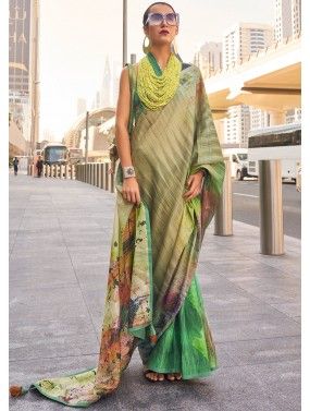 Digital Printed Satin Silk Saree In Multicolor