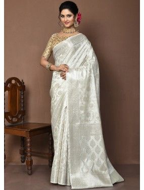 White Woven Saree In Silk