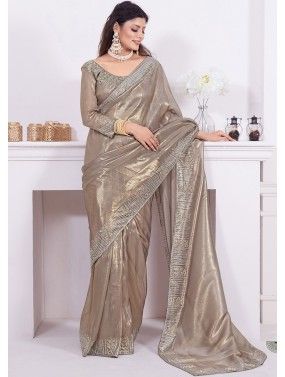 Light Brown Stone Embellished Saree In Net