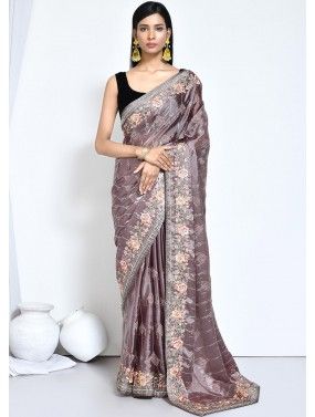 Light Brown Satin Saree In Thread Embroidery