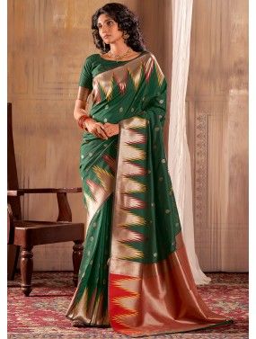 Green Zari Wovenb Saree In Banarasi Silk