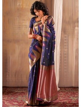 Blue Zari Woven Saree In Banarasi Silk
