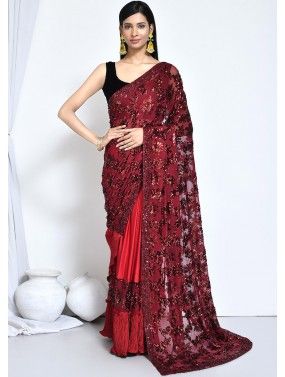 Red Satin Saree In Sequin Embellishment
