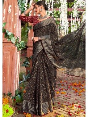 Black Printed Saree In Chiffon