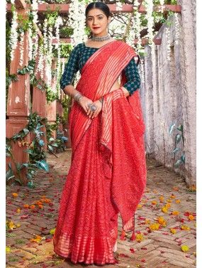 Red Printed Saree In Chiffon