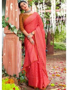 Red Printed Saree In Chiffon