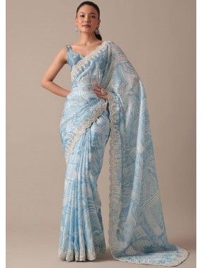 Blue Embroidered Saree In Georgette