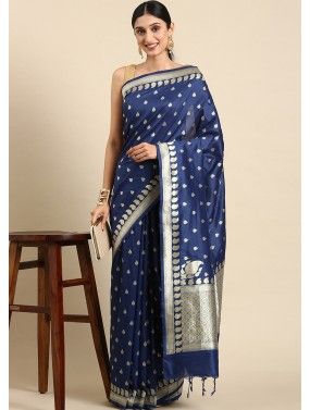 Blue Zari Woven Saree In Cotton
