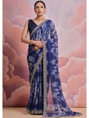 Blue Printed Saree In Georgette