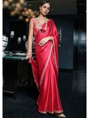 Red Embroidered Saree In Viscose