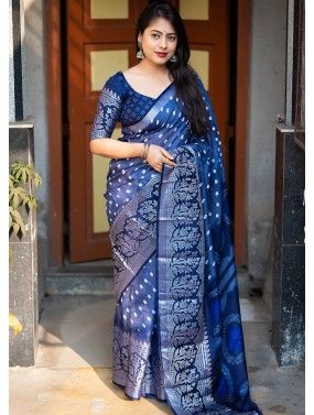 Blue Art Silk Saree In Bandhej Print