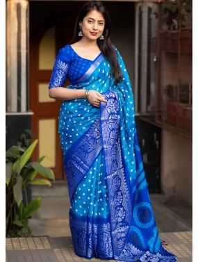 Blue Bandhani Print Saree With Blouse