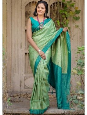 Green Woven Art Silk Saree & Blouse