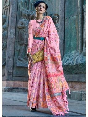 Pink Woven Work Saree With Blouse