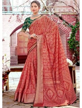 Red Printed Saree In Art Silk