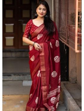 Red Digital Printed Saree In Cotton