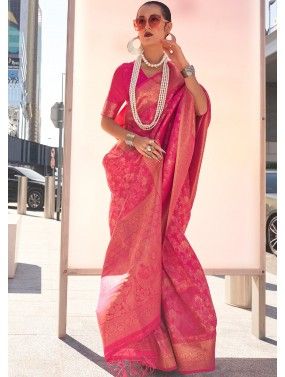 Pink Silk Saree In Woven Work