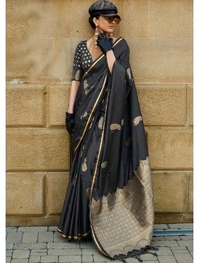 Black Zari Woven Saree In Satin Silk