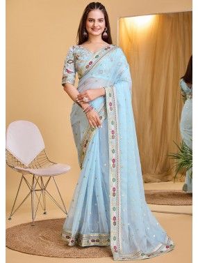 Blue Embroidered Organza Saree With Blouse