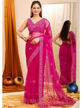 Pink Embroidered Saree In Net