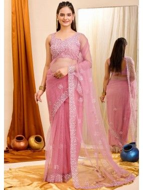 Pink Embroidered Border Saree In Net