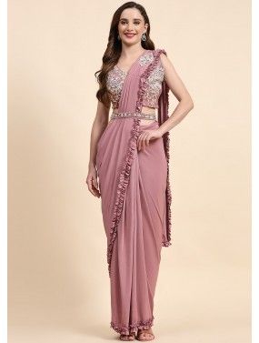 Pink Embroidered Saree In Lycra