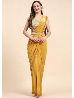 Yellow Embroidered Saree In Lycra