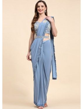 Blue Embroidered Saree In Lycra