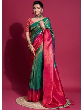 Green & Pink Woven Art Silk Saree & Blouse