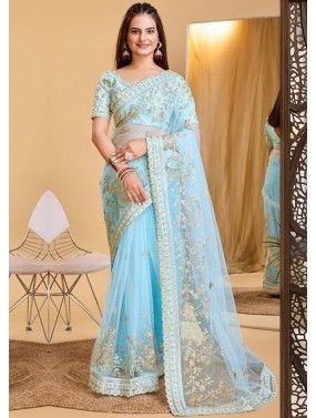 Blue Thread Embroidered Saree In Net