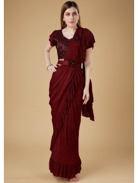 Maroon Lycra Saree With Embroidered Blouse