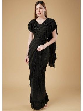 Black Lycra Saree With Embroidered Blouse