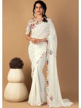 White Printed Saree In Art Silk