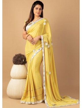 Yellow Printed Saree In Satin