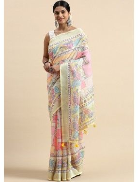 Yellow Linen Saree With Blouse In Printed Work