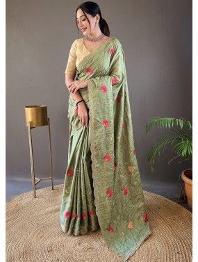 Green Embroidered Tussar Silk Saree