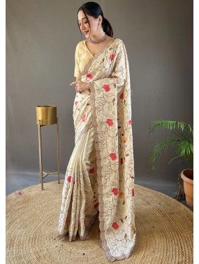 Cream Thread Embroidered Saree