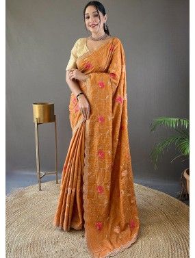 Orange Tussar Silk Saree In Thread Embroidery