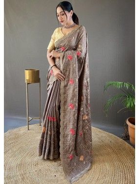 Grey Thread Embroidered Saree & Blouse