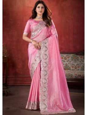 Pink Embroidered Scalloped Border Saree
